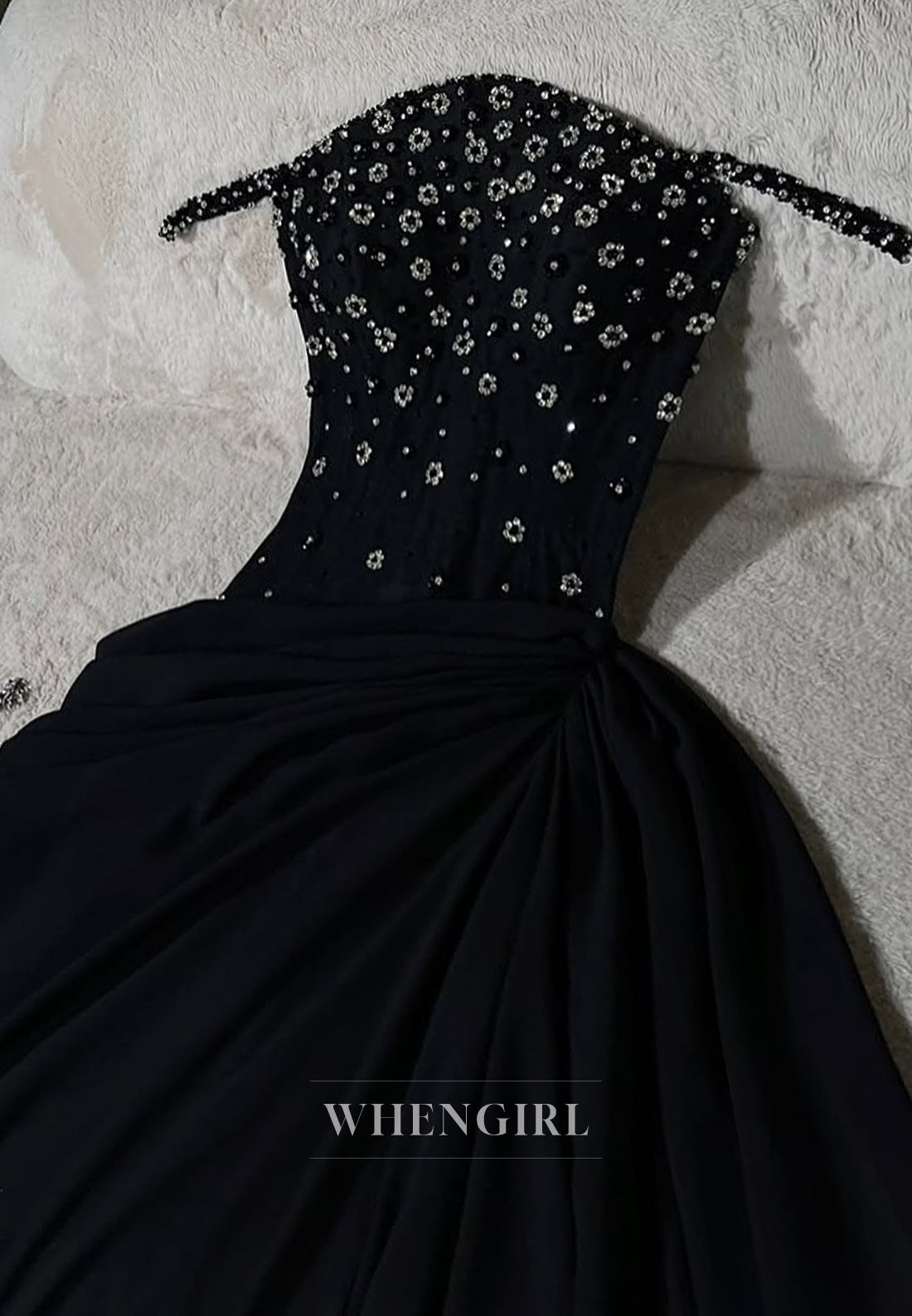Black Spaghetti Straps Beaded Flowers A-Line Long Formal Evening Dress