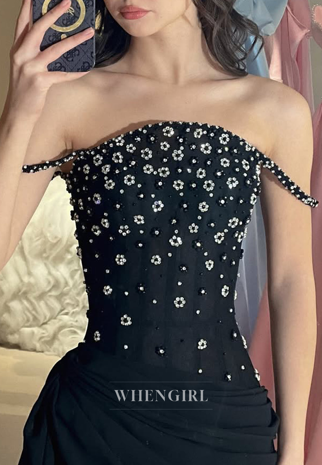 Black Spaghetti Straps Beaded Flowers A-Line Long Formal Evening Dress