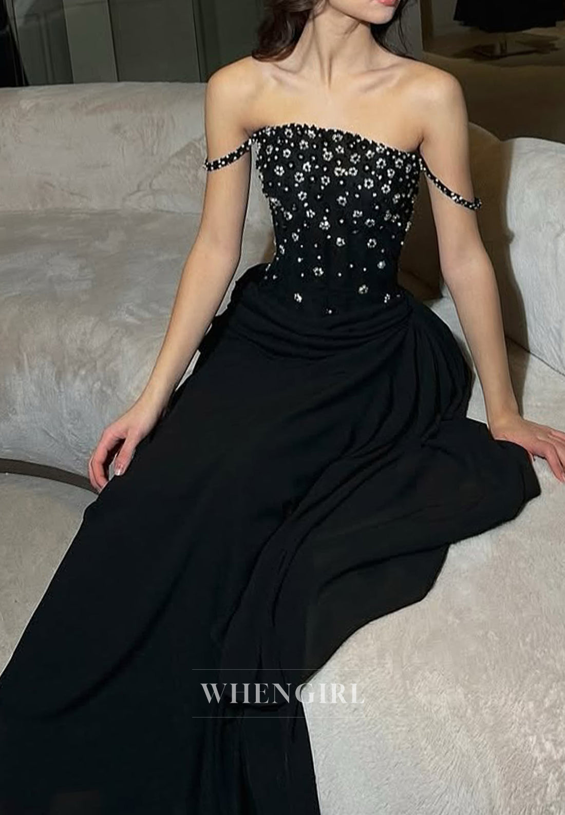 Black Spaghetti Straps Beaded Flowers A-Line Long Formal Evening Dress