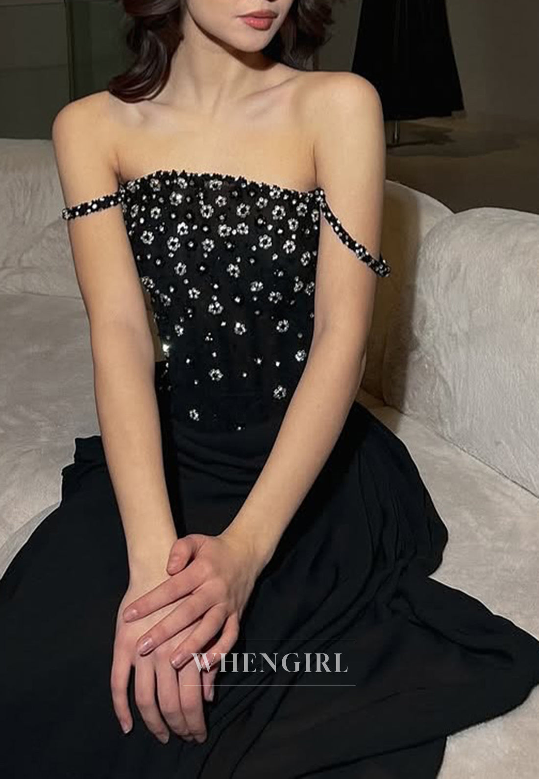 Black Spaghetti Straps Beaded Flowers A-Line Long Formal Evening Dress