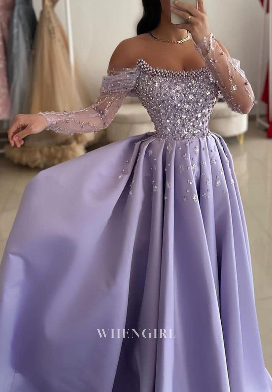 Violet Ball Gown Beaded Off Shoulder Floor Length Evening Dress with Long Sleeves