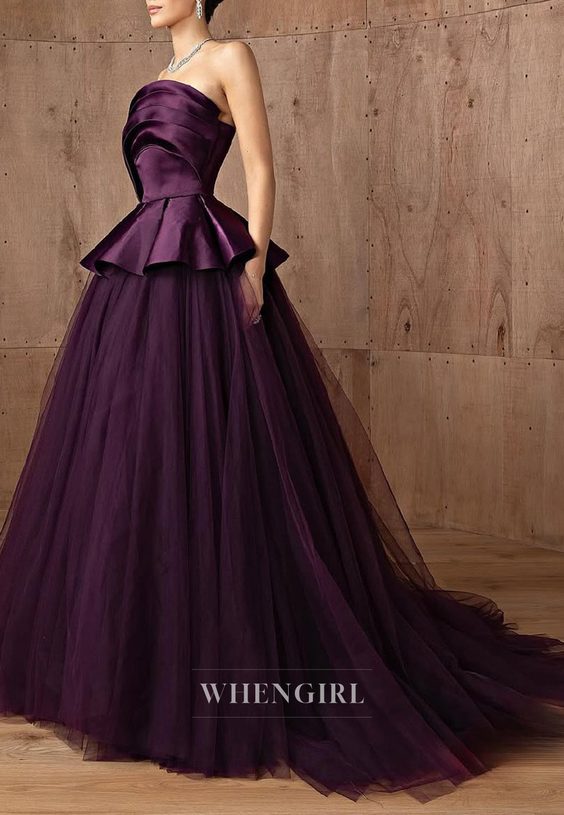 Raspberry Pleated Strapless Ball Gown Formal Evening Dress with Court Train