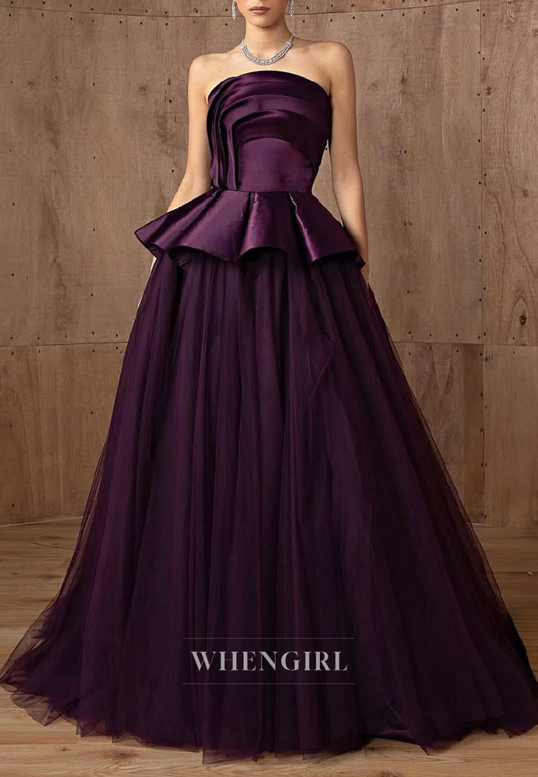 Raspberry Pleated Strapless Ball Gown Formal Evening Dress with Court Train