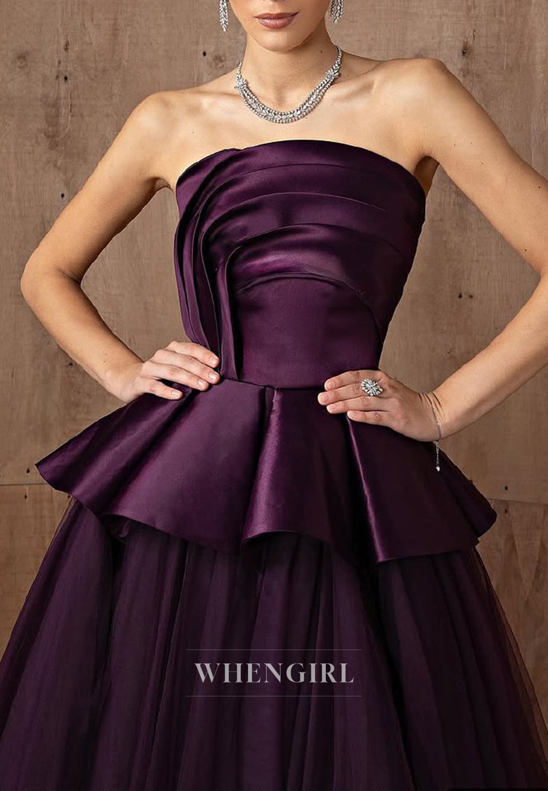 Raspberry Pleated Strapless Ball Gown Formal Evening Dress with Court Train