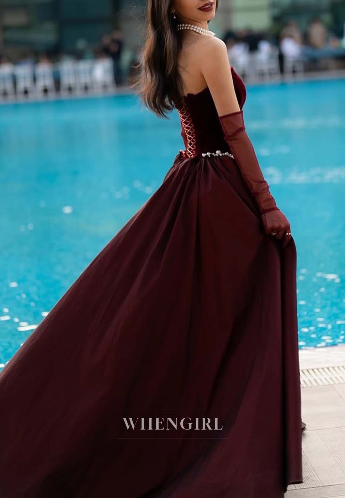 Burgundy Tube Top Beaded Sheath Sleeveless Beaded Formal Dress Evening Dress with Gloves and Train