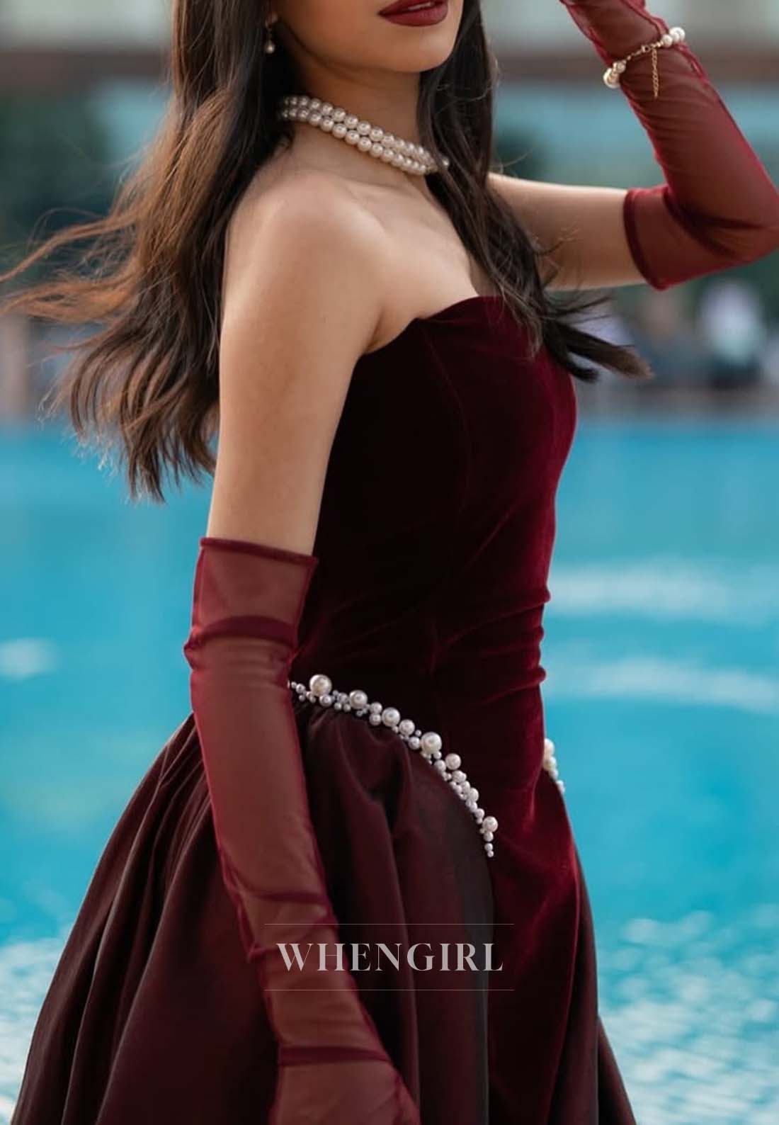 Burgundy Tube Top Beaded Sheath Sleeveless Beaded Formal Dress Evening Dress with Gloves and Train