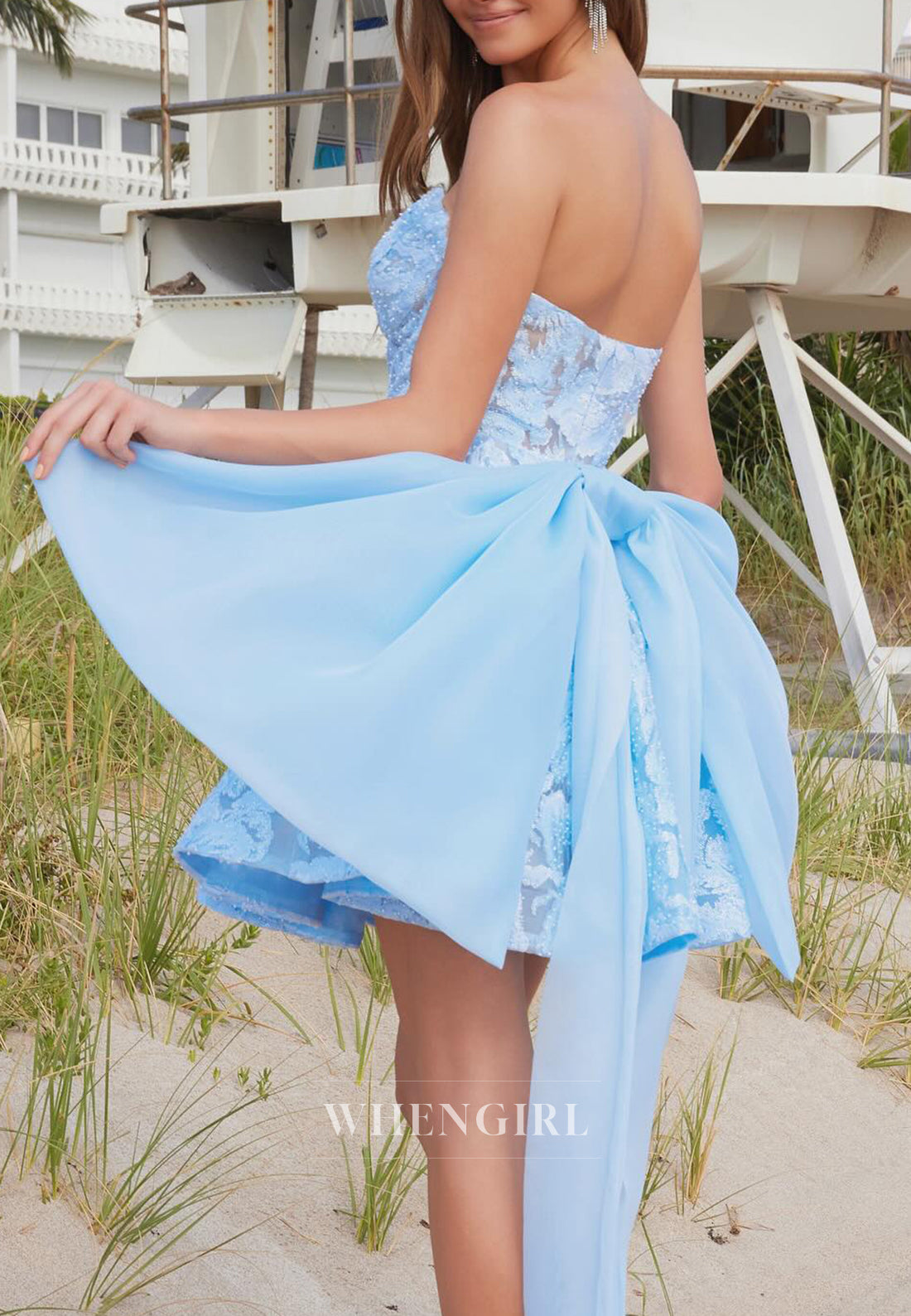 Blue Appliqued Sweetheart Sleeveless A-Line Bowknot Short Homecoming Dress