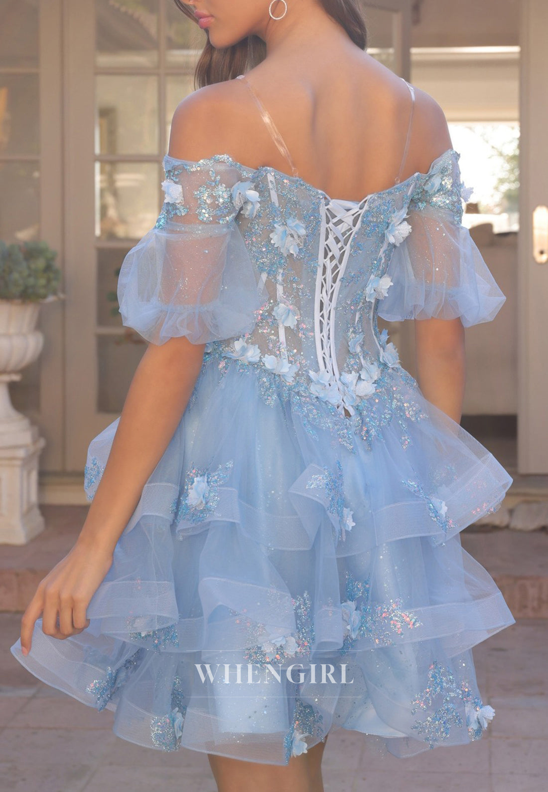 Blue Off Shoulder Floral Short Sleeves Beaded A-Line Ruffles Short Homecoming Dress