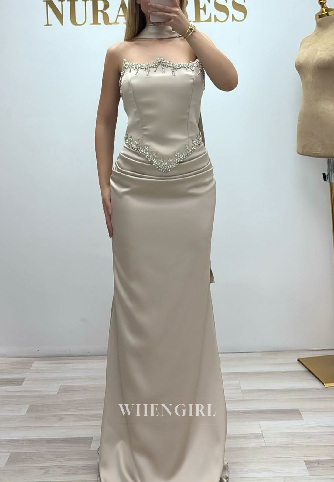 Sheath Beaded Sleeveless Beaded Ruched Evening Dress with Scarf