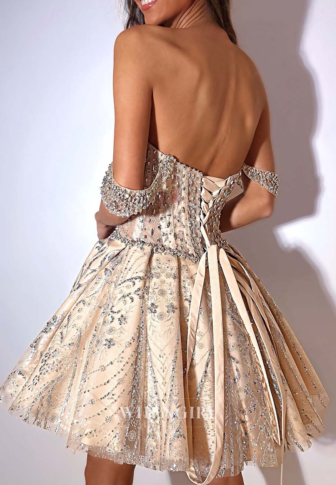 Champagne A-Line Rhinestone Beaded Off Shoulder Sweetheart Sleeveless Short Homecoming Dress