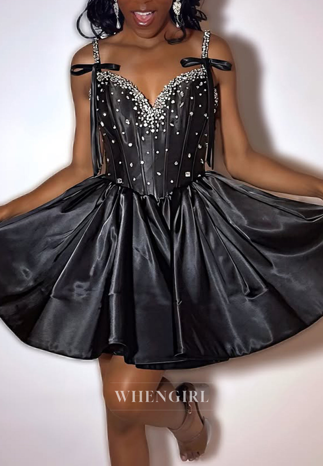 A-Line Black Sleeveless Beaded Bowknot Satin Short Homecoming Dress