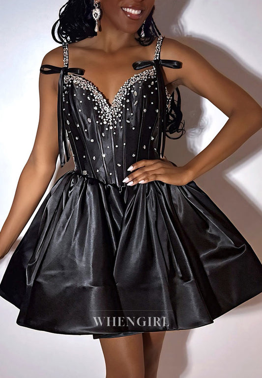A-Line Black Sleeveless Beaded Bowknot Satin Short Homecoming Dress