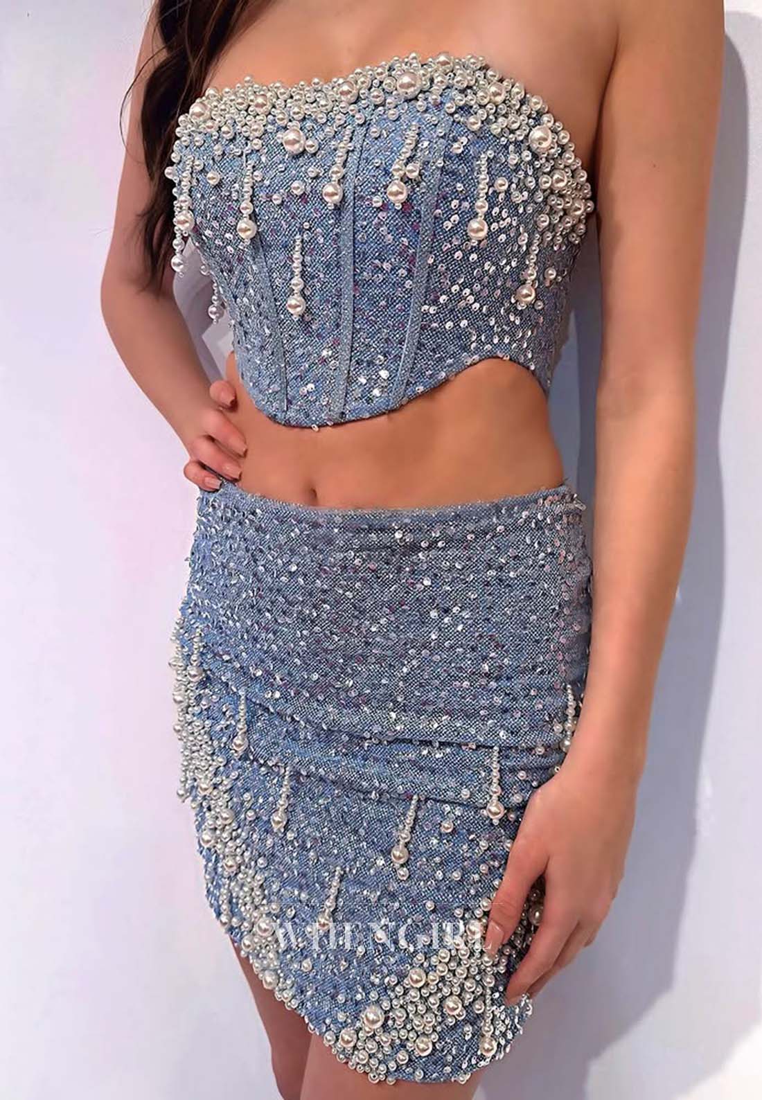 Blue Tube Top Sleeveless Pearls Tassel Beaded Sleeveless Short Homecoming Dress