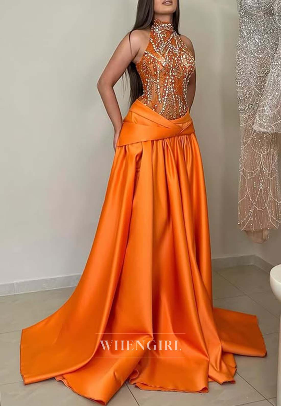 Orange High Neck Sleeveless Beaded Sheath Evening Dress Sweep Train Pleated Formal Dress