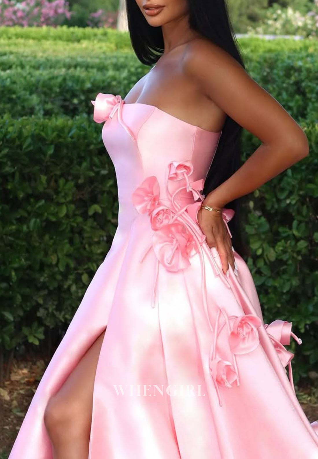 Blushing Pink Tube Top Sleeveless A-Line Evening Dress Floral Side Slit Satin Formal Gown with Court Train