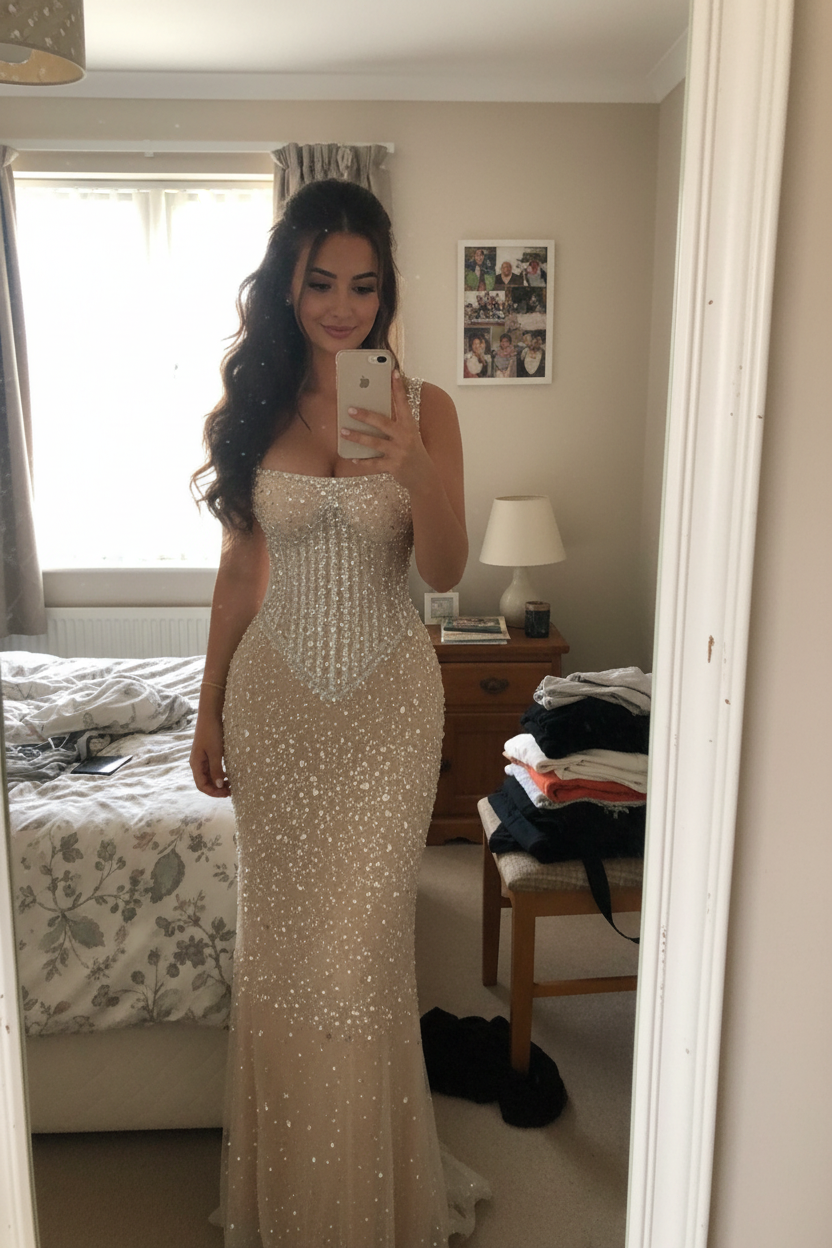 Champagne Square Neck Rhinestone Beading Sleeveless Sheath Sweep Train Formal Evening Dress