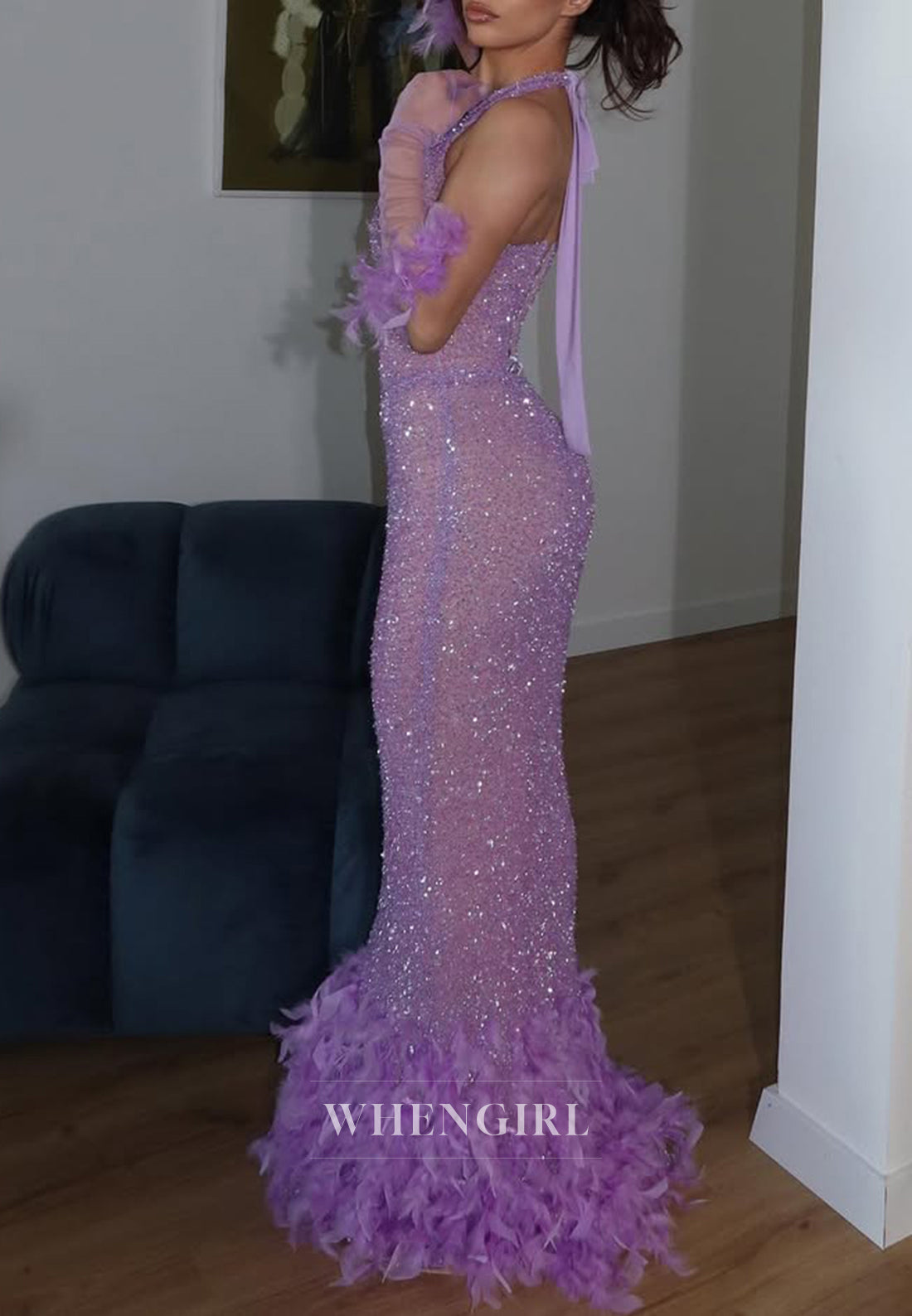 Lilac Halter Sleeveless Feather Beaded Sheath Evening Dress Floor Length Sparkly Prom Dress