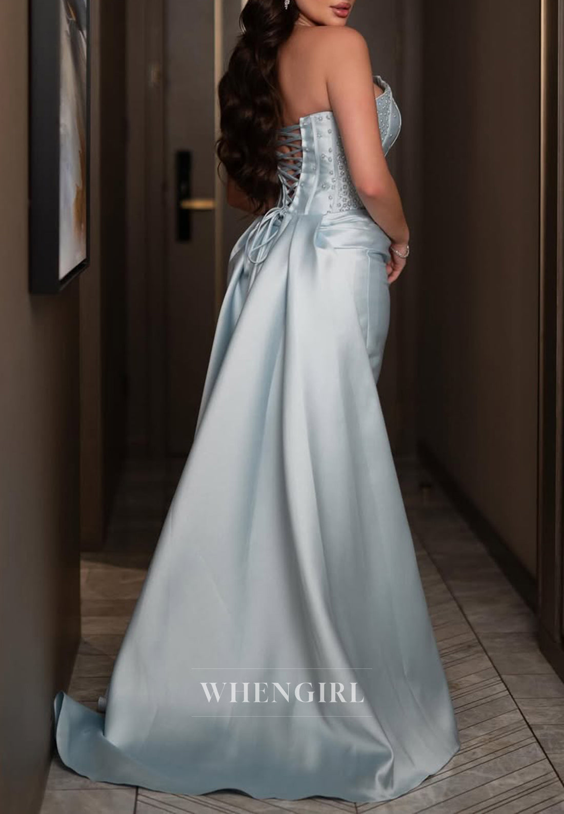 Blue Tube Top Detachable Sleeves Beaded Column Lace Up Evening Formal Dress