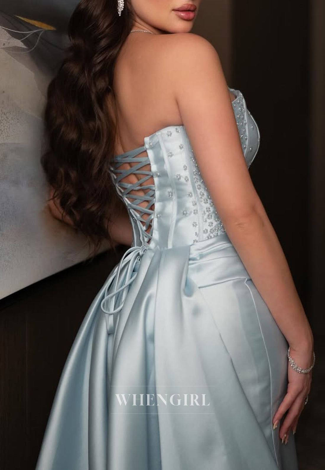 Blue Tube Top Detachable Sleeves Beaded Column Lace Up Evening Formal Dress