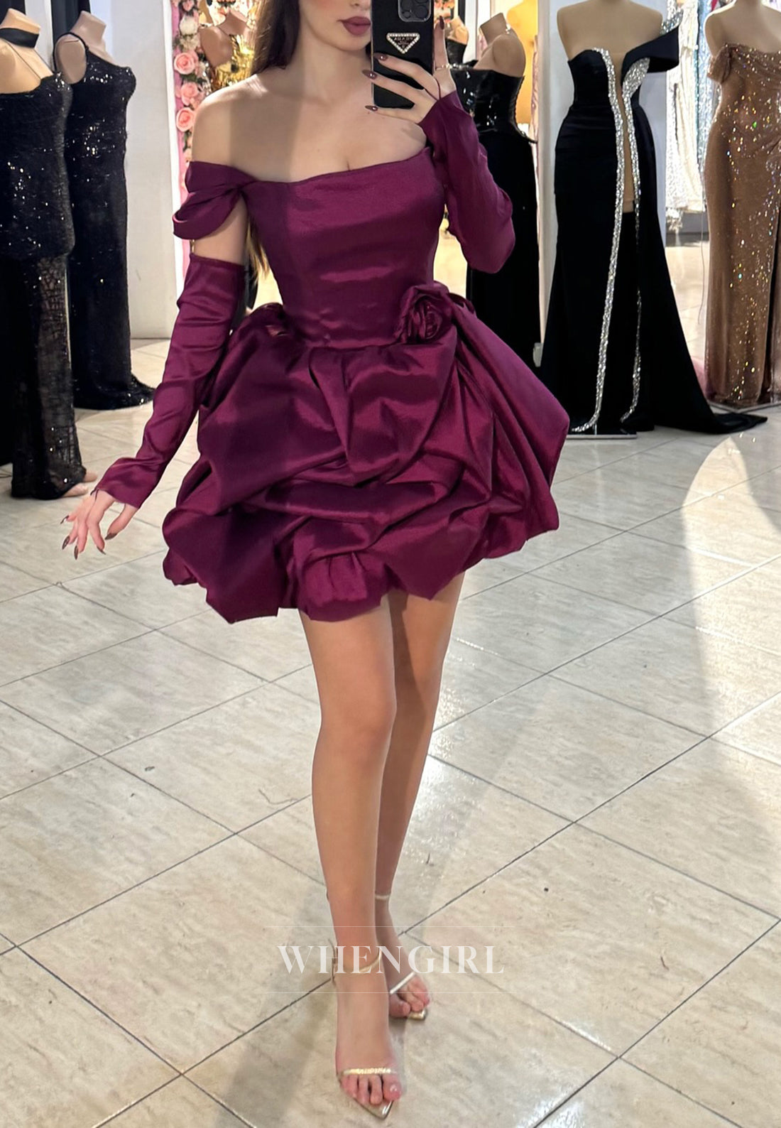 Orchid A-Line Off Shoulder Long Sleeves Short Satin Homecoming Dress