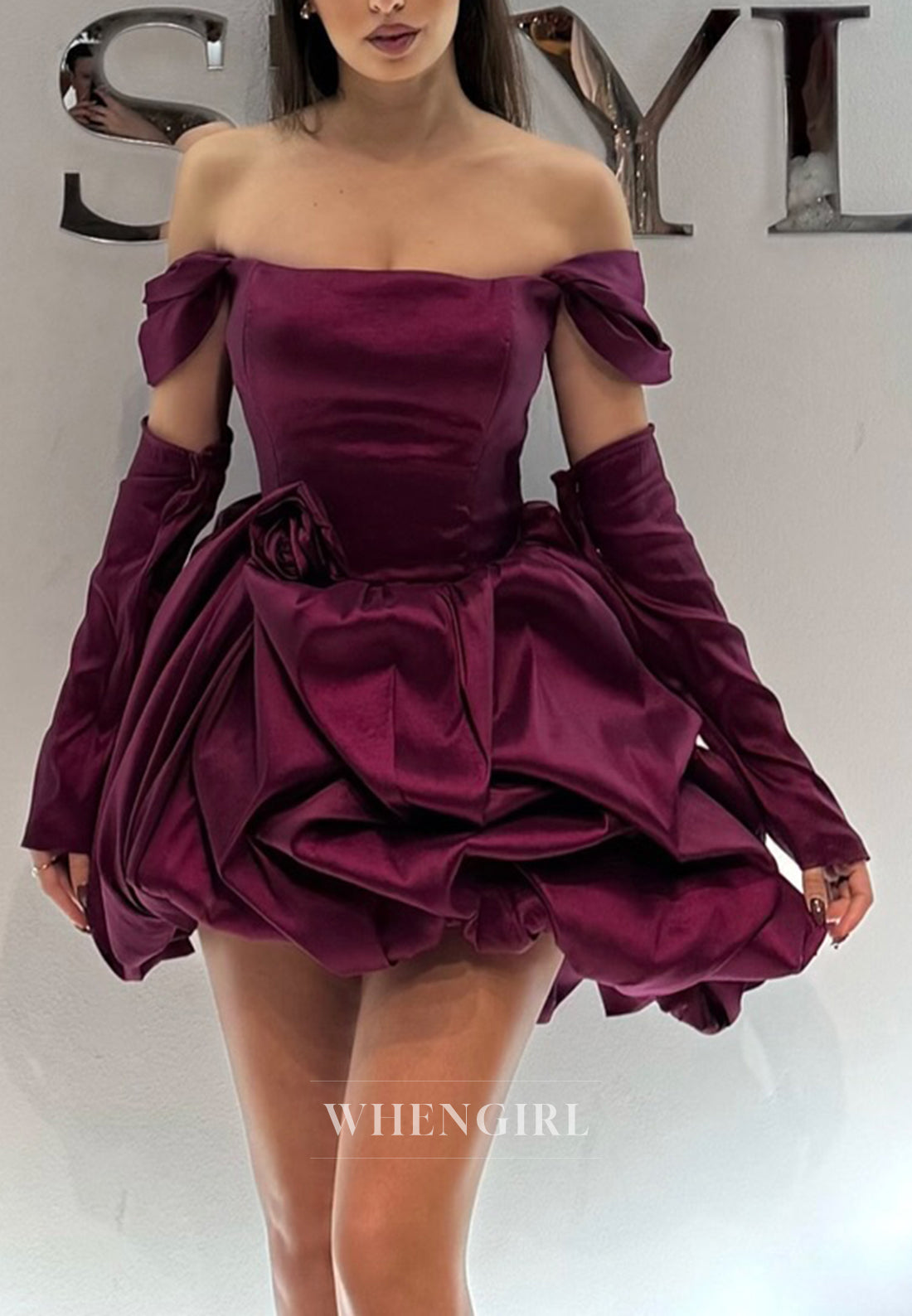 Orchid A-Line Off Shoulder Long Sleeves Short Satin Homecoming Dress