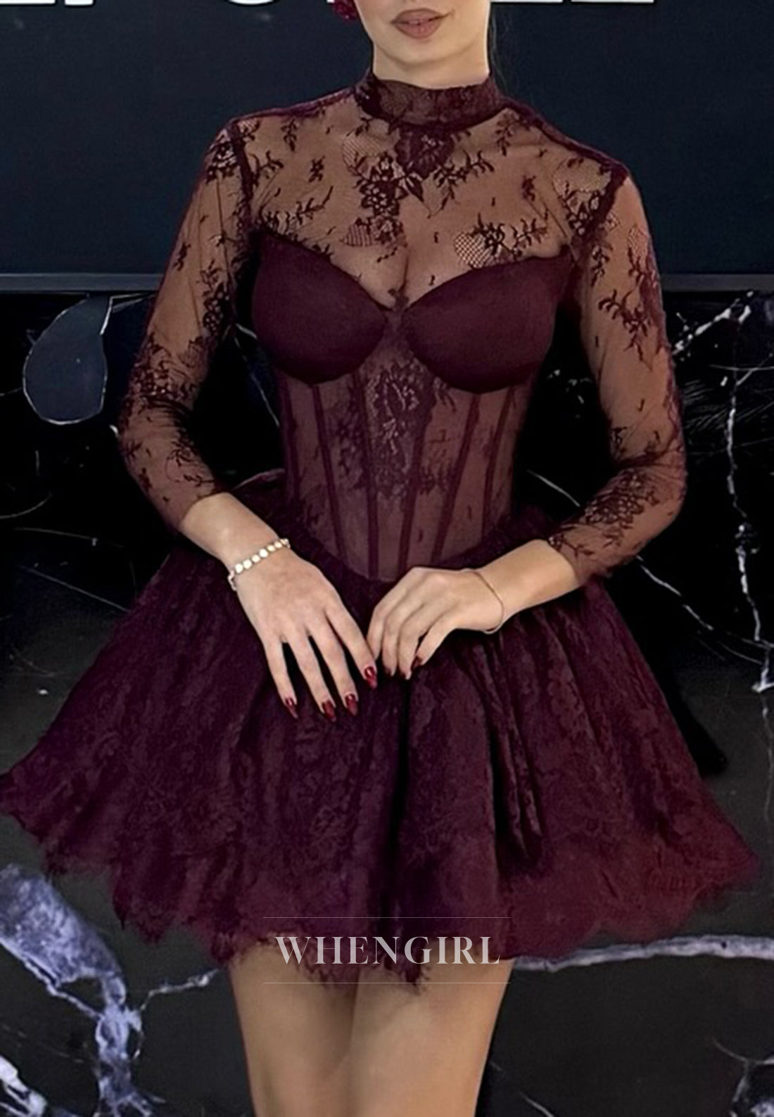 A-Line 3/4 Sleeves High Neck Embroidery Lace Homecoming Dress WhenGirl A-Line 3/4 Sleeves High Neck Embroidery Lace Homecoming Dress WhenGirl