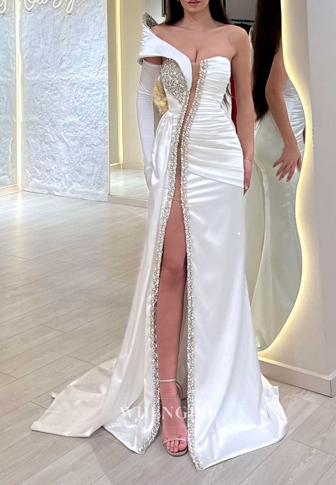 Ivory Cut Out One Shoulder Formal Dress Side Slit Beaded Pleated Sleeveless Evening Gown with Sweep Train