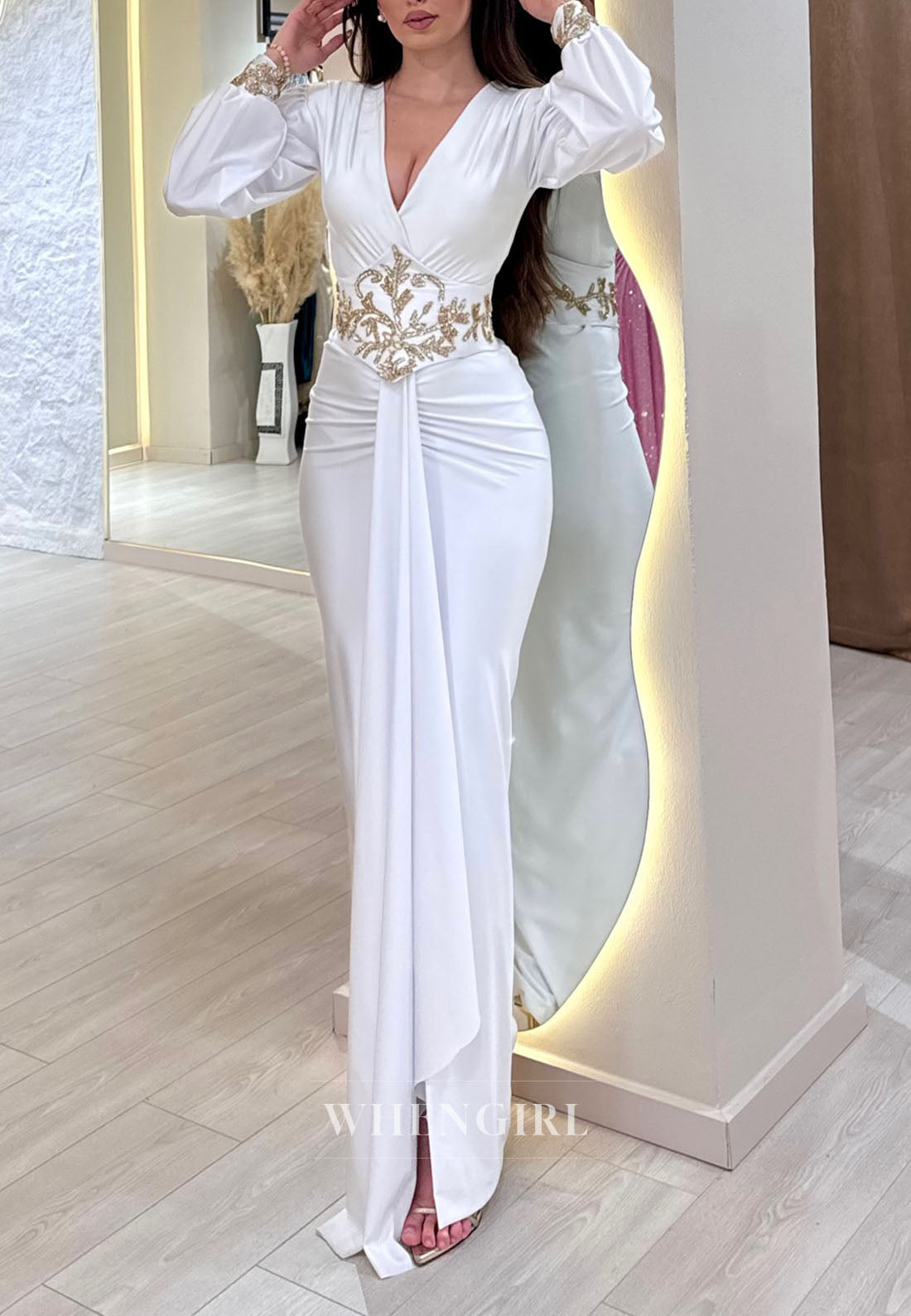 Ivory V Neck Beaded Pleated Sheath Formal Dress Floor Length Long Sleeves Evening Gown
