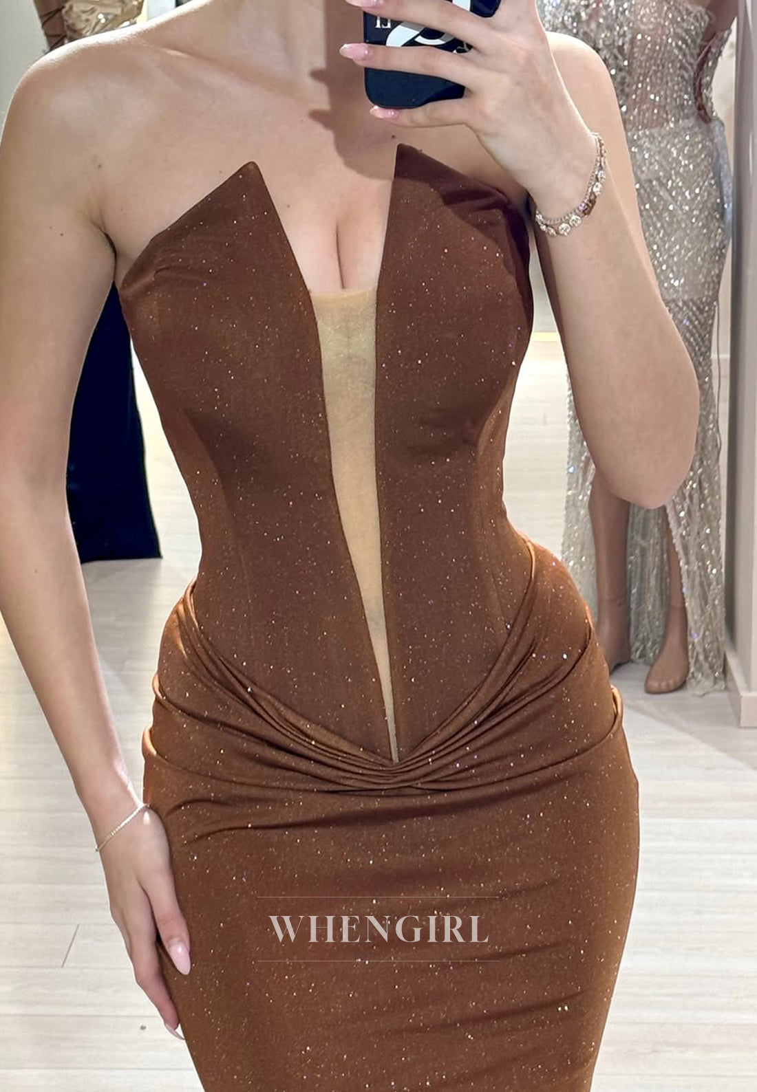 Brown Sweep Train Low V-Neck Strapless Pleated Mermaid Formal Evening Dress