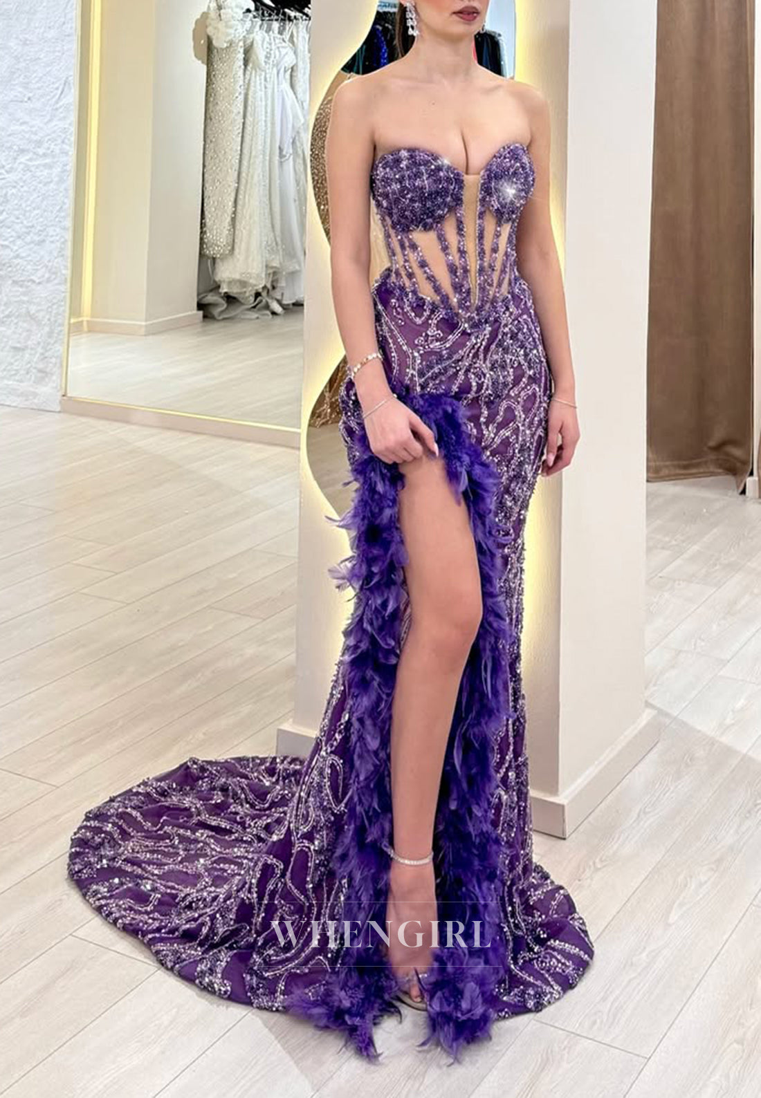 Regency Sweetheart Feather Side Slit Beaded Sheath Formal Evening Gown with Sweep Train