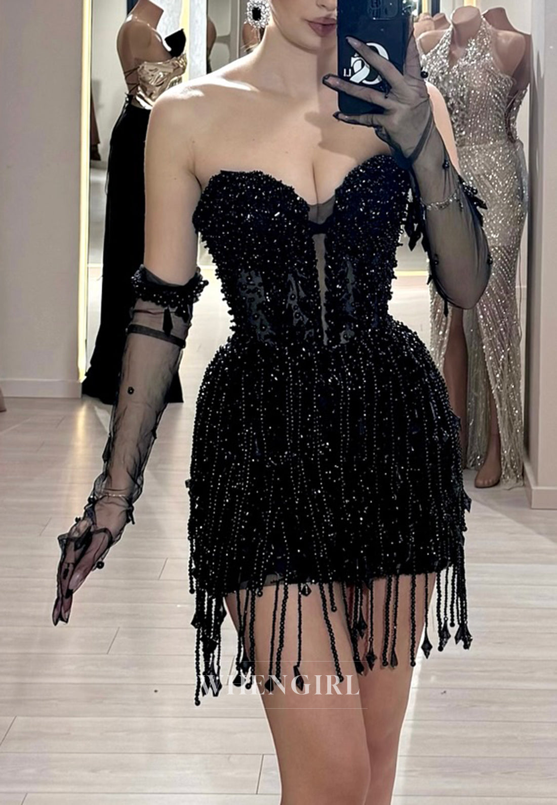Black Sweetheart Beaded Tassel Sheath Sleeveless Homecoming Dress with Lace Gloves