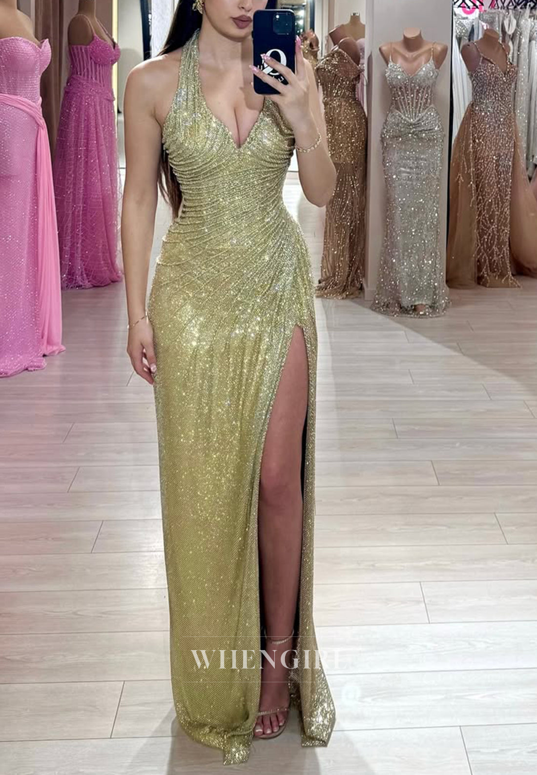 Gold Pleated Halter Formal Dress Sequins Floor Length Side Slit Sheath Evening Gown