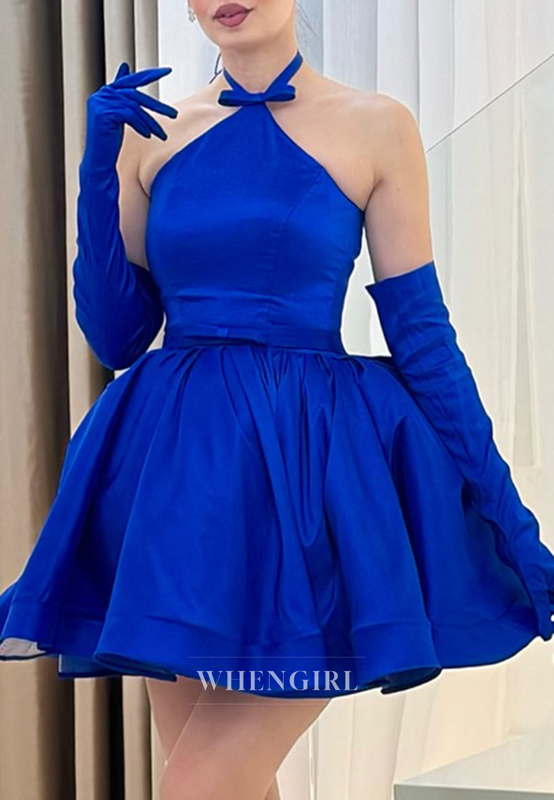Royal Blue Halter Bowknot Lace Up A-Line Short Homecoming Dress with Gloves