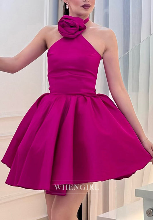 Fuchsia Sleeveless Halter 3D Flowers A-Line Short Homecoming Dress