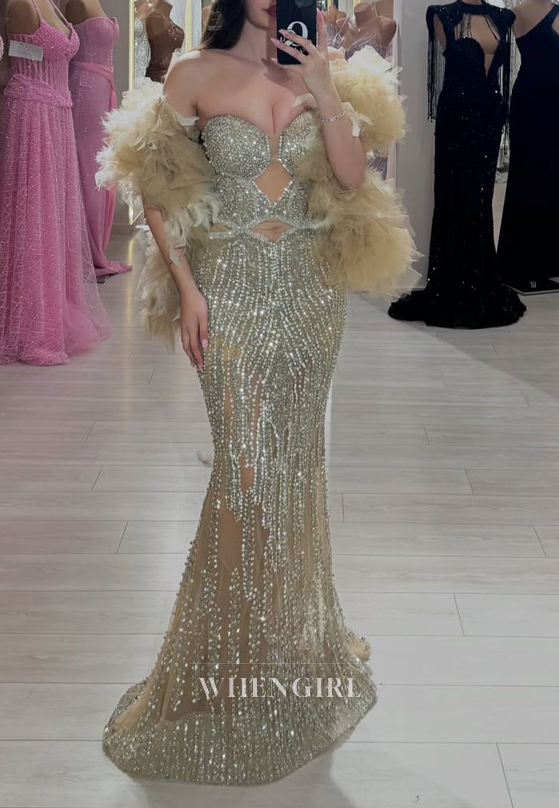 Champagne Cut Outs Sweetheart Feather Beaded Mermaid Formal Evening Dress
