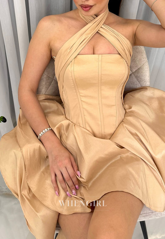 Yellow Cross Neck Sleeveless Bowknot Lace Up A-Line Homecoming Dress