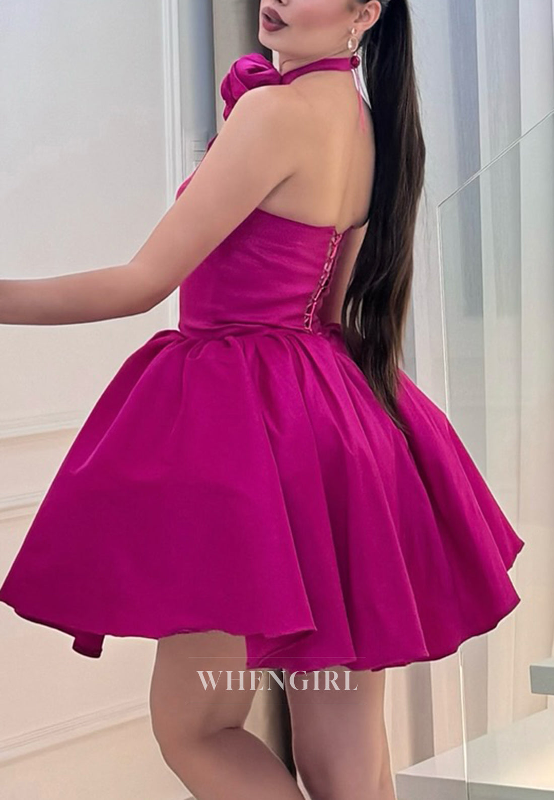 Fuchsia Sleeveless Halter 3D Flowers A-Line Short Homecoming Dress