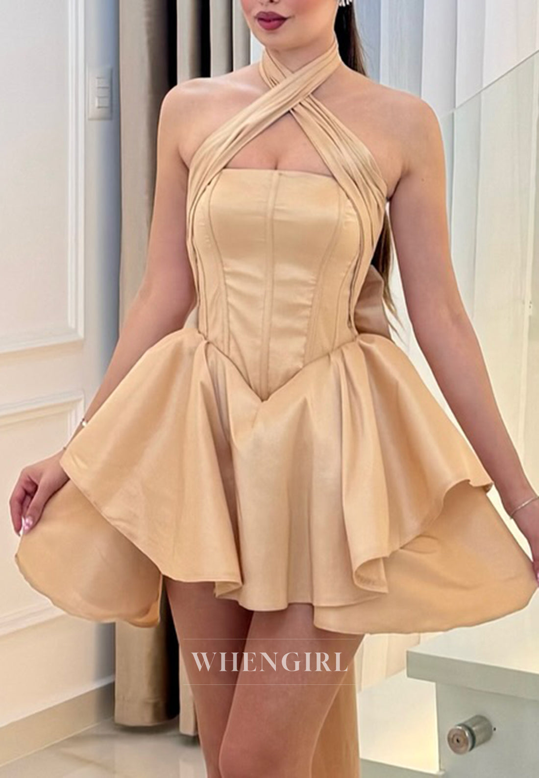 Yellow Cross Neck Sleeveless Bowknot Lace Up A-Line Homecoming Dress