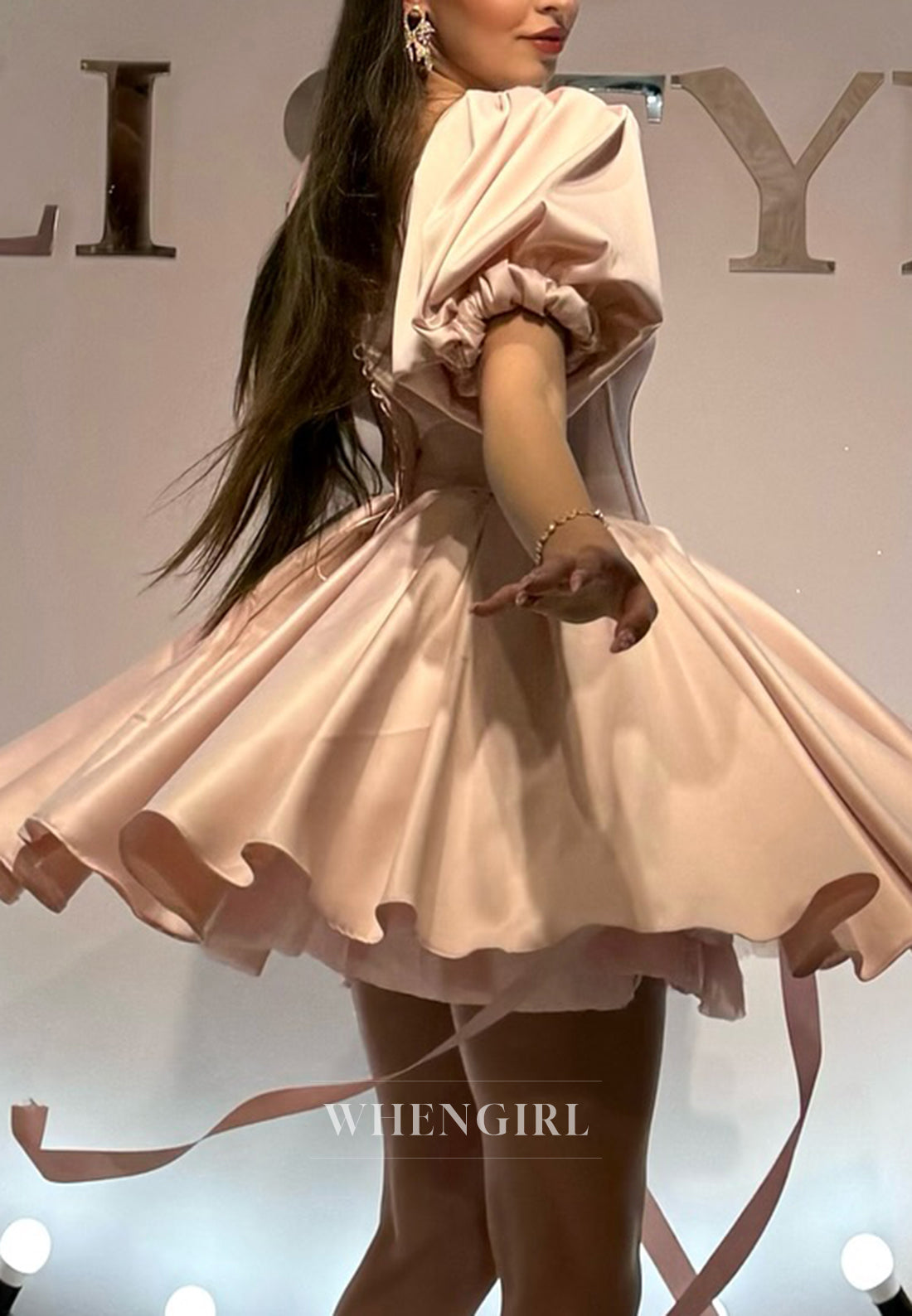 Blush Square Neck Short Puff Sleeves A-Line Homecoming Dress