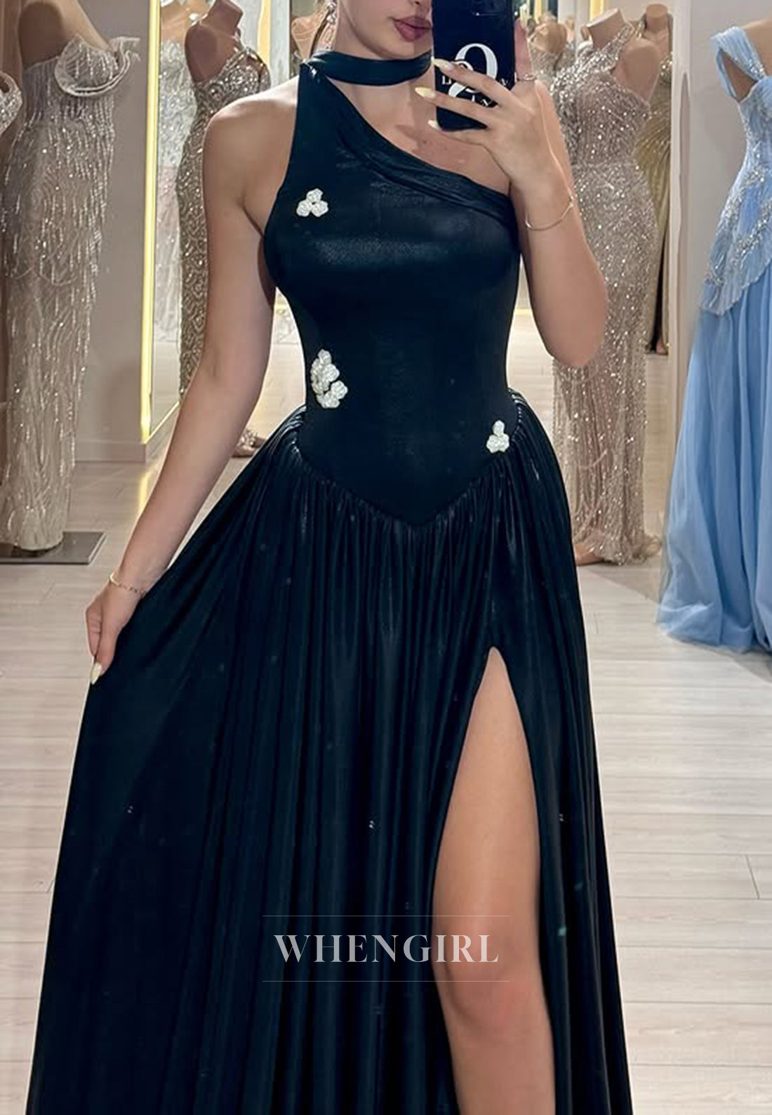 Black Asymmetrical Neck Sleeveless Beading Side Slit A-Line Long Formal Evening Dress