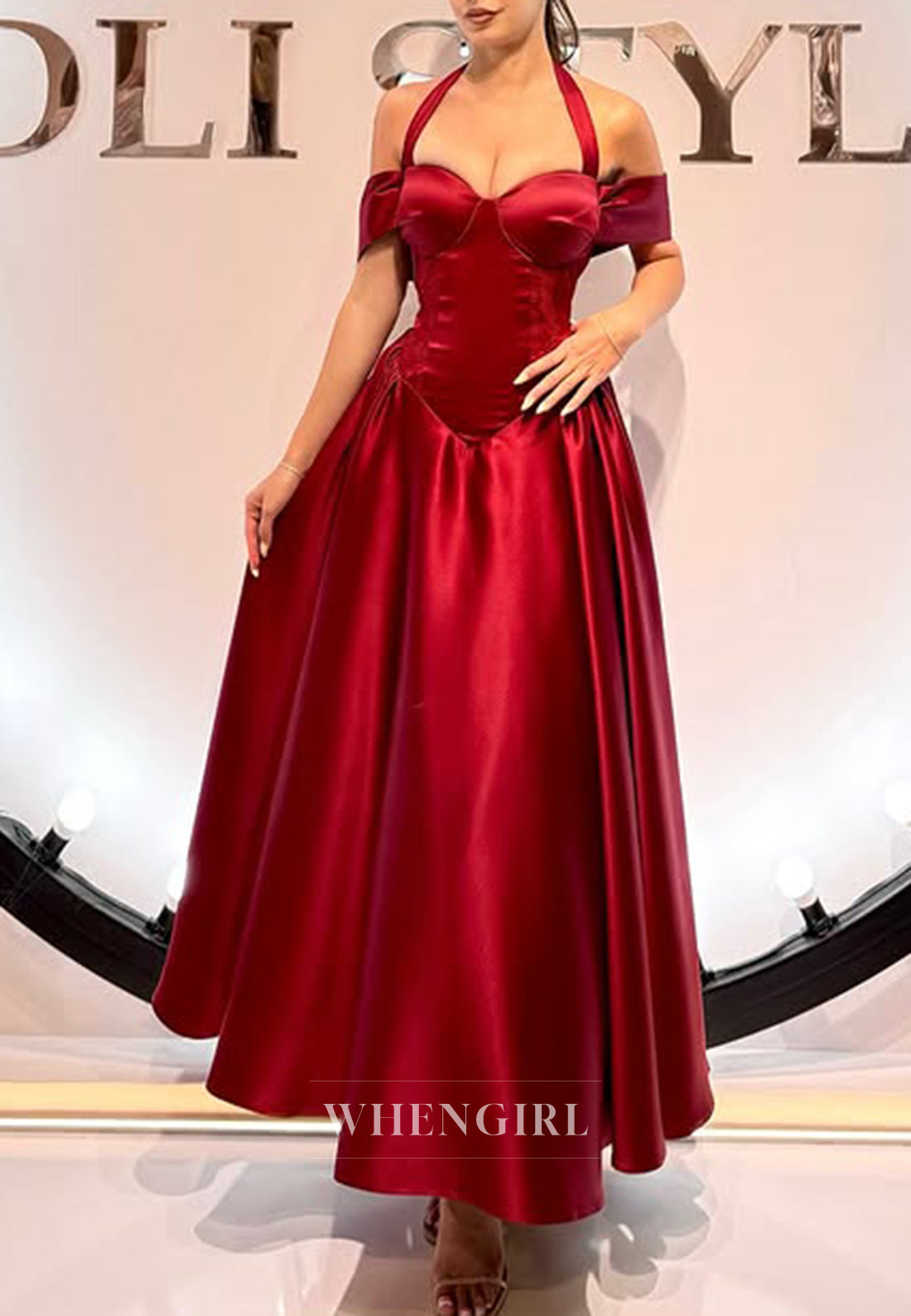 Burgundy Halter Ankle Length Satin A-Line Formal Evening Gown