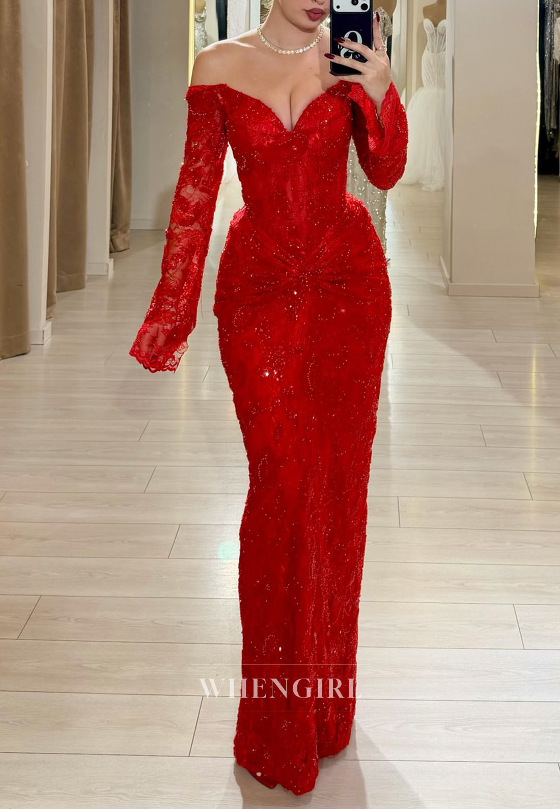 Red Sheath Lace Off Shoulder Long Sleeves Ruched Floor Length Evening Formal Dress