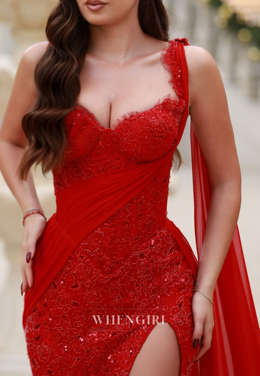 Sheath Red Sweetheart Ruched Beade Side Slit Evening Dress with Train