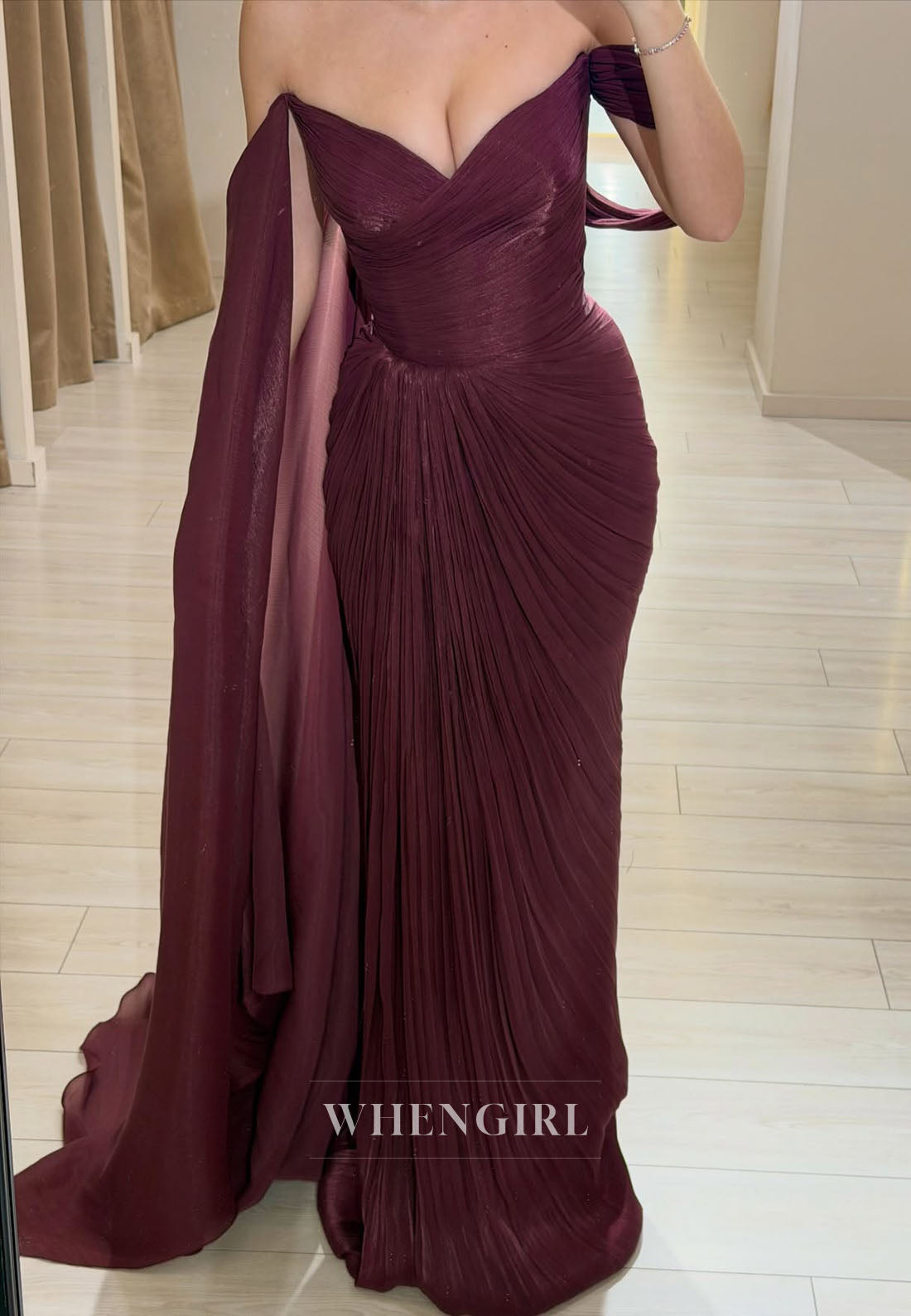 Burgundy Off Shoulder Ruched Sheath Formal Evening Gown