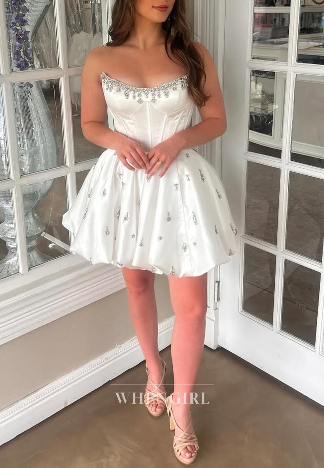 A-Line Bateau Neck Sleeveless Strapless Beads Satin Homecoming Dress