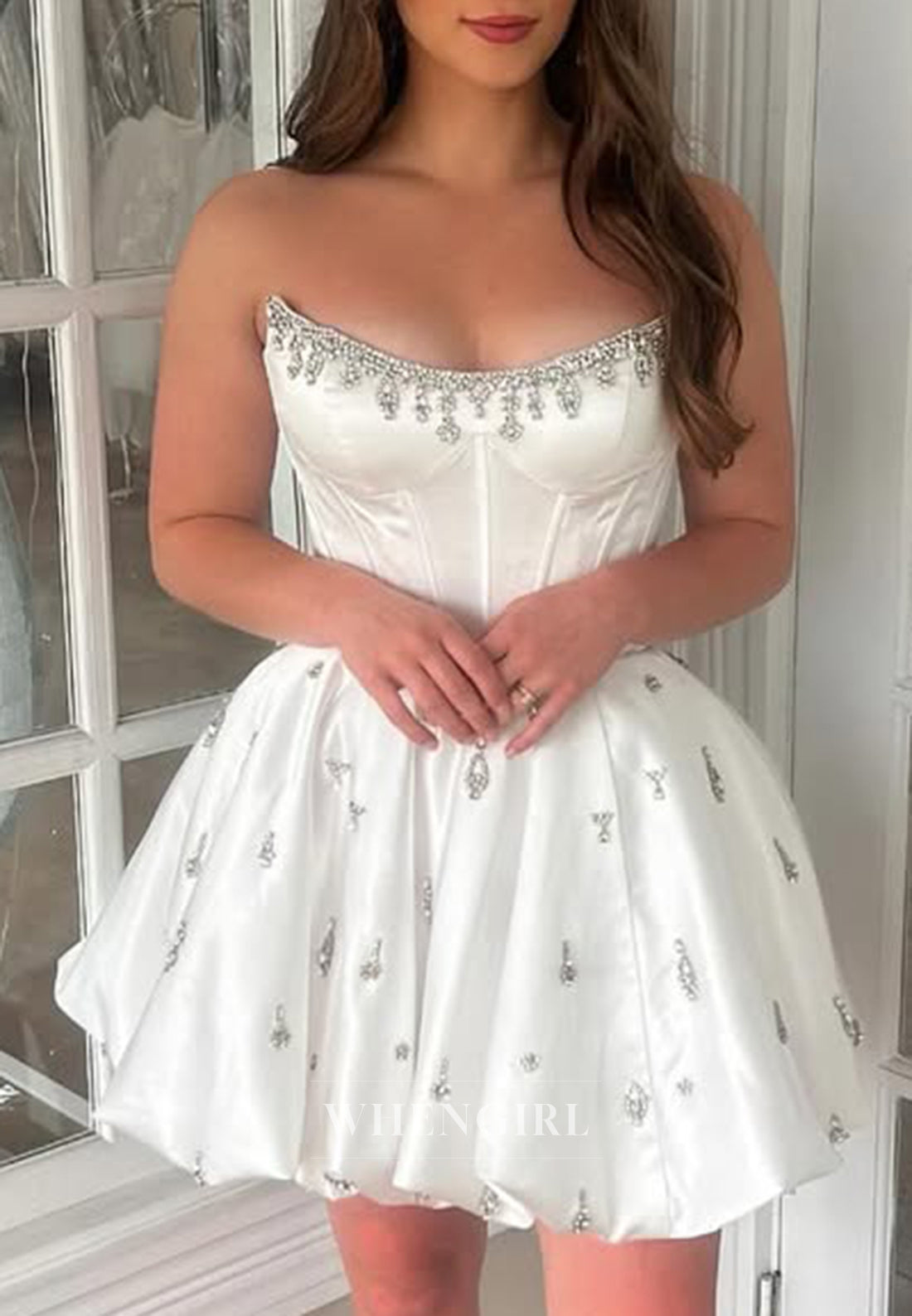 A-Line Bateau Neck Sleeveless Strapless Beads Satin Homecoming Dress