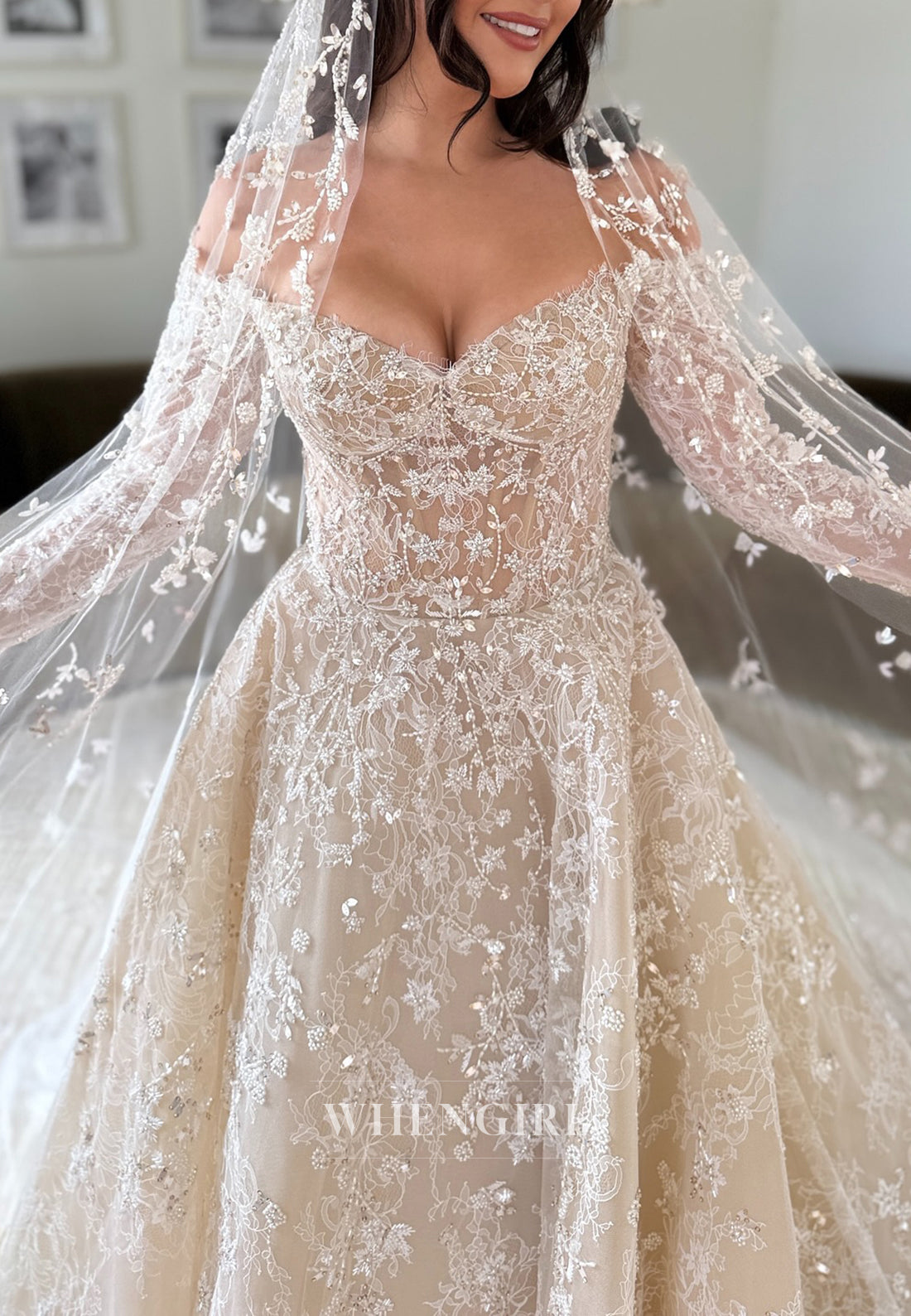 V Neck Long Sleeves Pearsl Beading Lace A-Line Wedding Dress