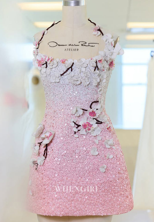 Halter Sleeveless Floral Beaded Sheath Floral Homecoming Dress