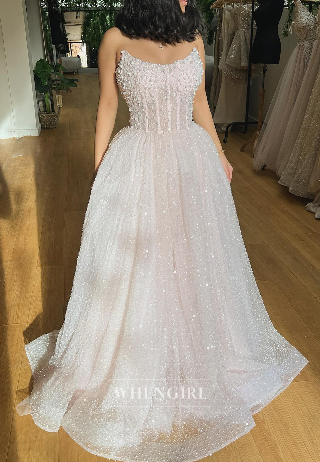 Sweep Train Strapless Pearl Sequins Graceful Ball Gown Wedding Dress
