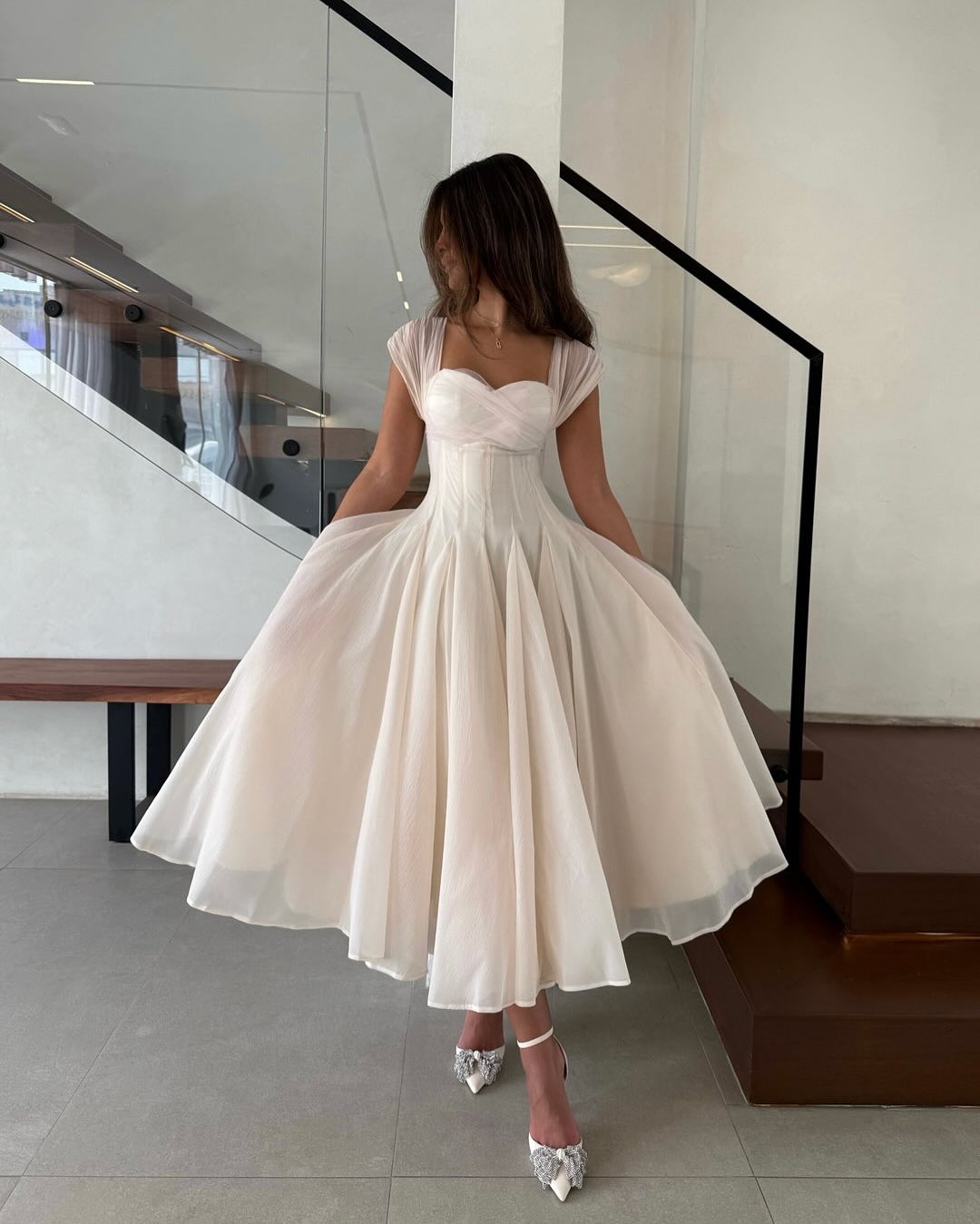 Pale Blush Cap Sleeves Pleated A-Line Sweetheart Long Formal Evening Dress